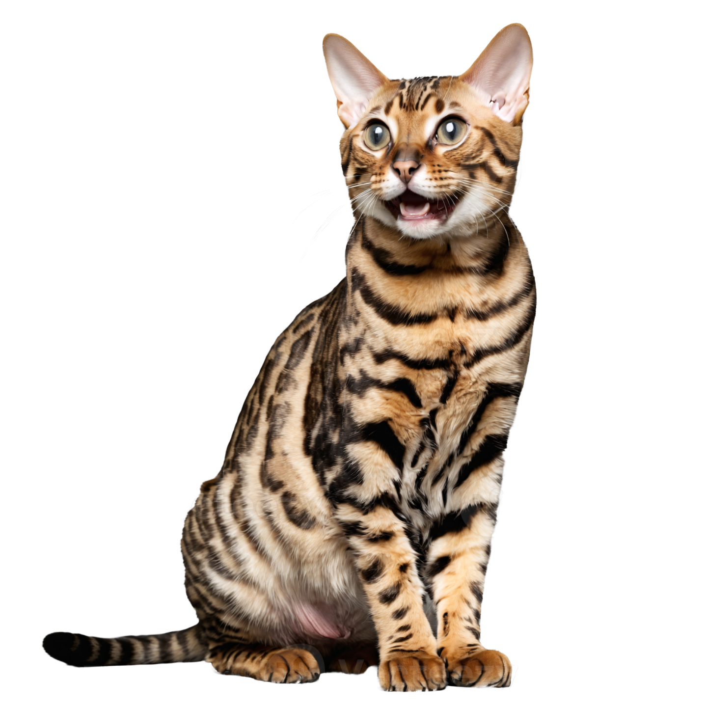 a bengal cat sitting down with its mouth open