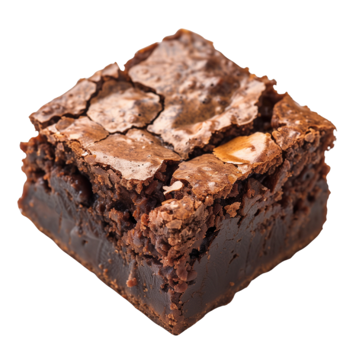 a piece of chocolate brownie on a white background