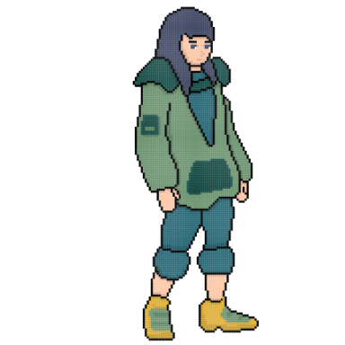 a pixel art of a person wearing a green jacket and boots
