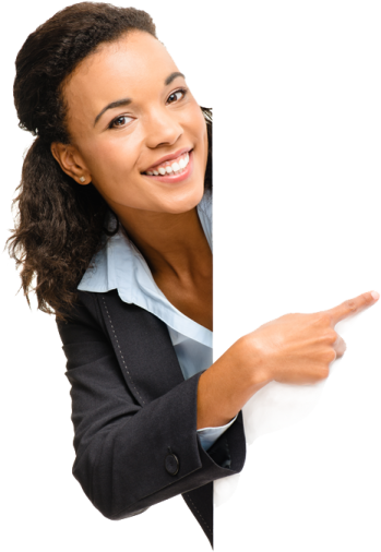 a woman pointing at the corner of a white board