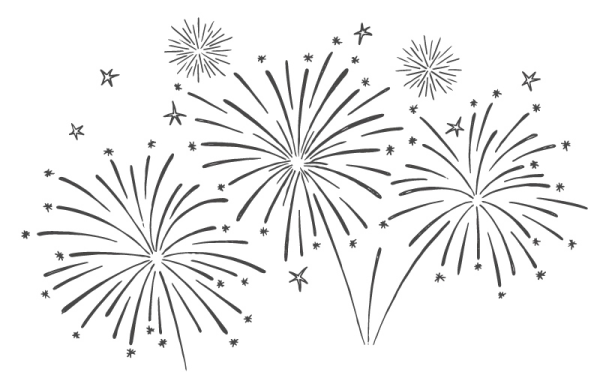 a black and white drawing of fireworks