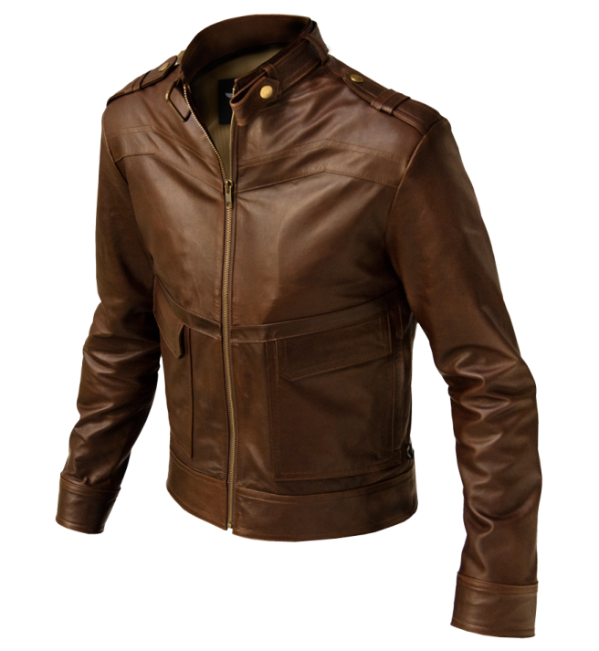 a brown leather jacket on a white background