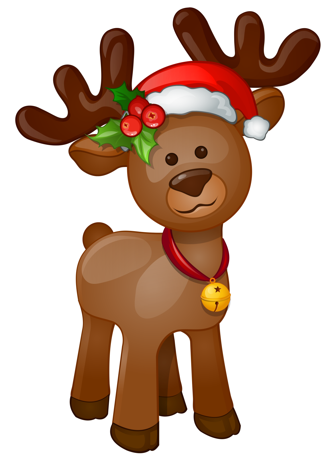 a reindeer wearing a santa hat and holding a bell