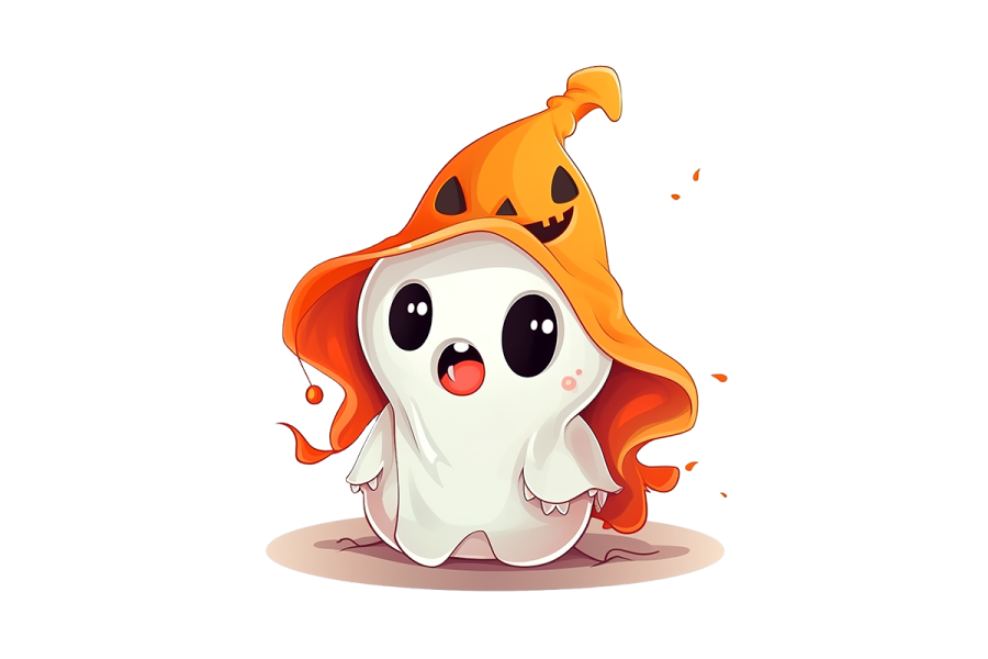 a cute little ghost with an orange hat on his head