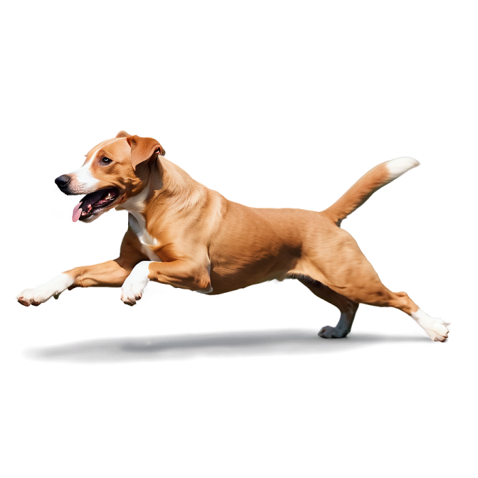 a brown and white dog running on a white background