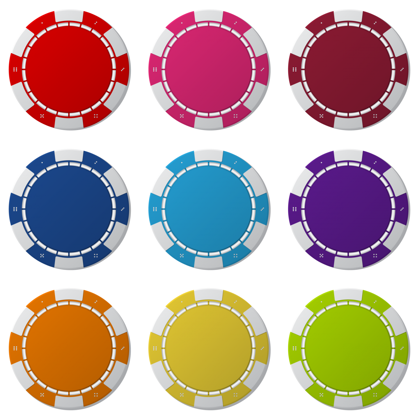 a set of poker chips with different colors