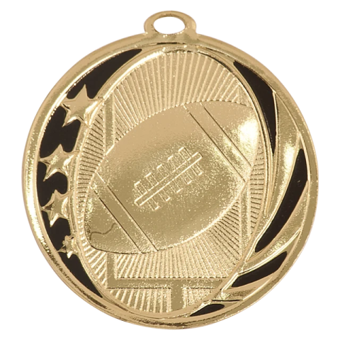 a gold medal with a black and white design