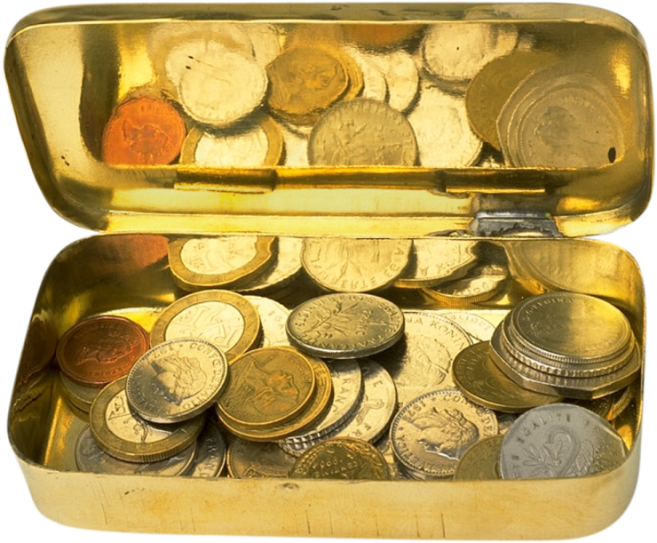 a gold box filled with coins