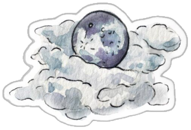 a watercolor drawing of a moon in the clouds