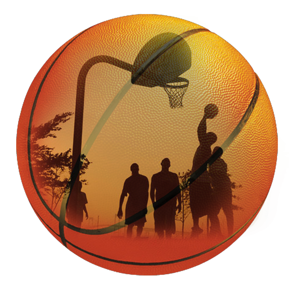 a basketball ball with the silhouette of two people on it