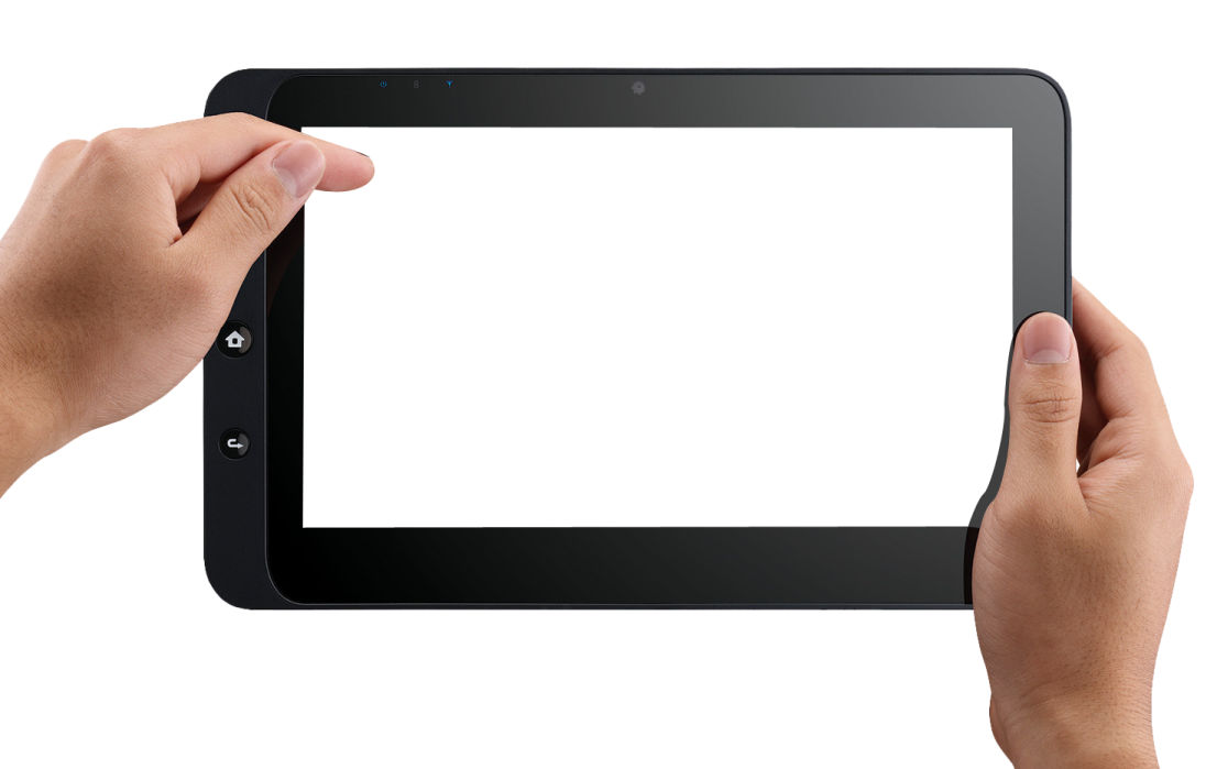 two hands holding a tablet with a white screen