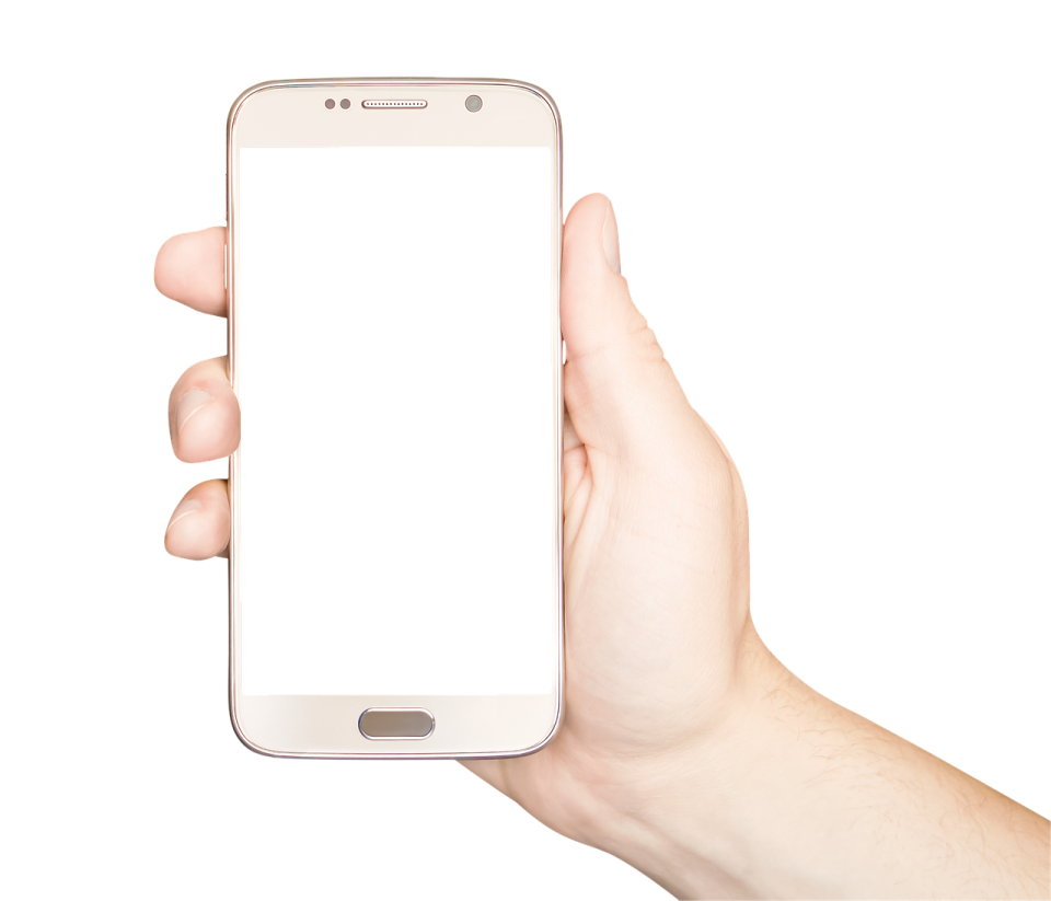 a hand holding a smart phone with a blank screen