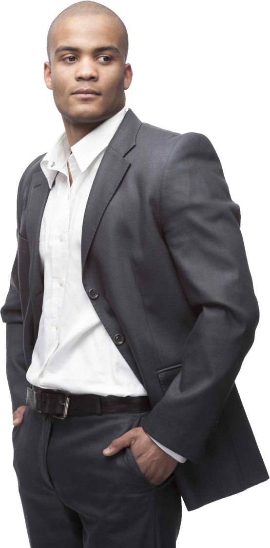 a man in a black suit and white shirt