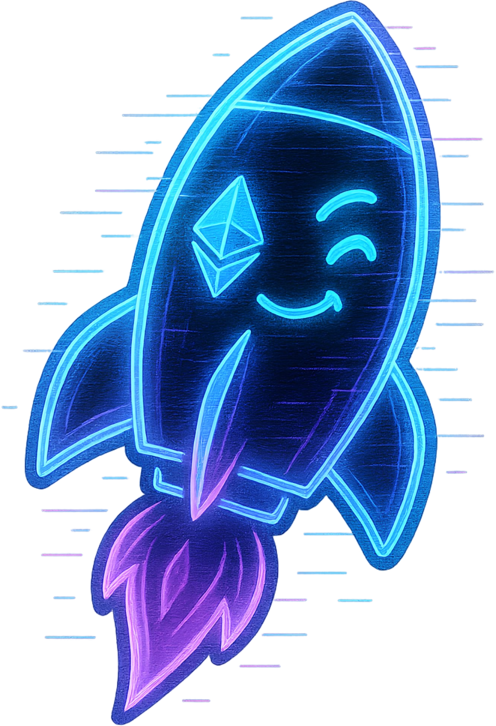 a blue and purple rocket with a smiling face
