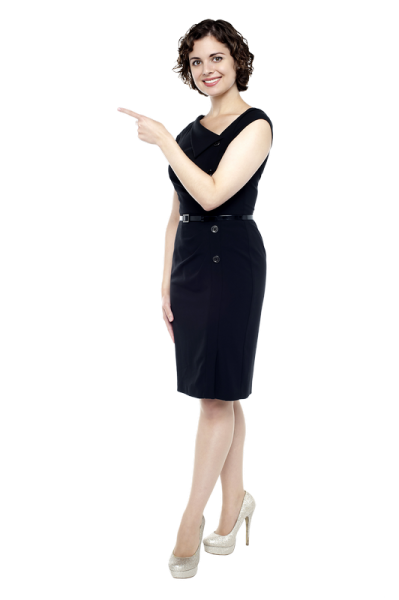 a woman in a black dress pointing at something