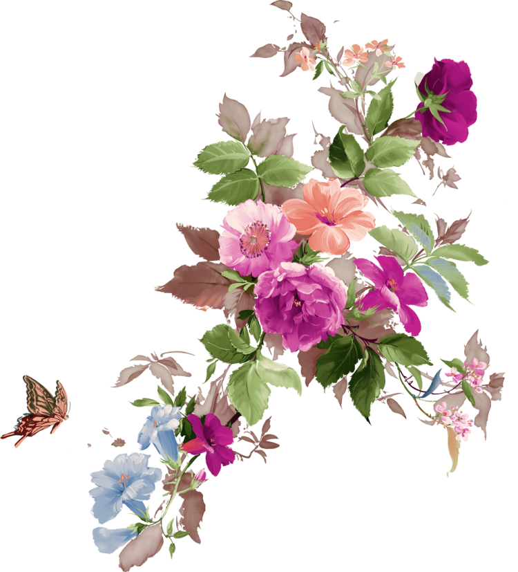 a bunch of flowers with leaves and butterflies