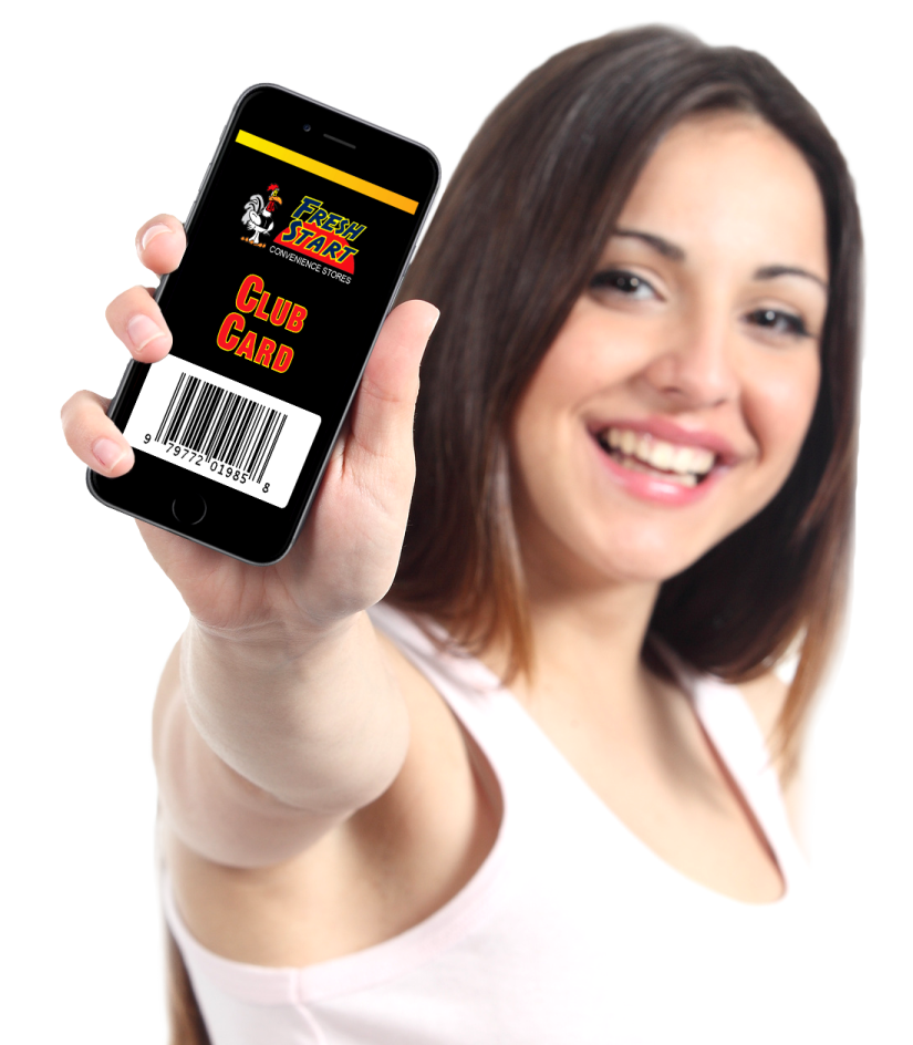 a woman holding a cell phone with a barcode on it