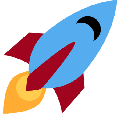 a blue and red rocket with an orange tail