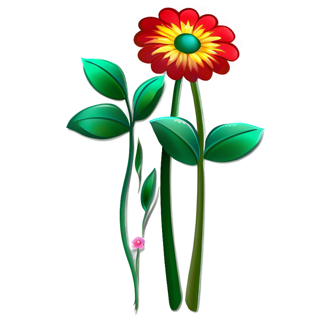 a flower with green leaves and red petals