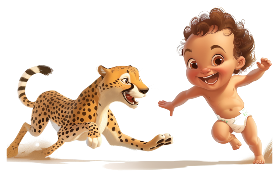 a baby running next to a leopard