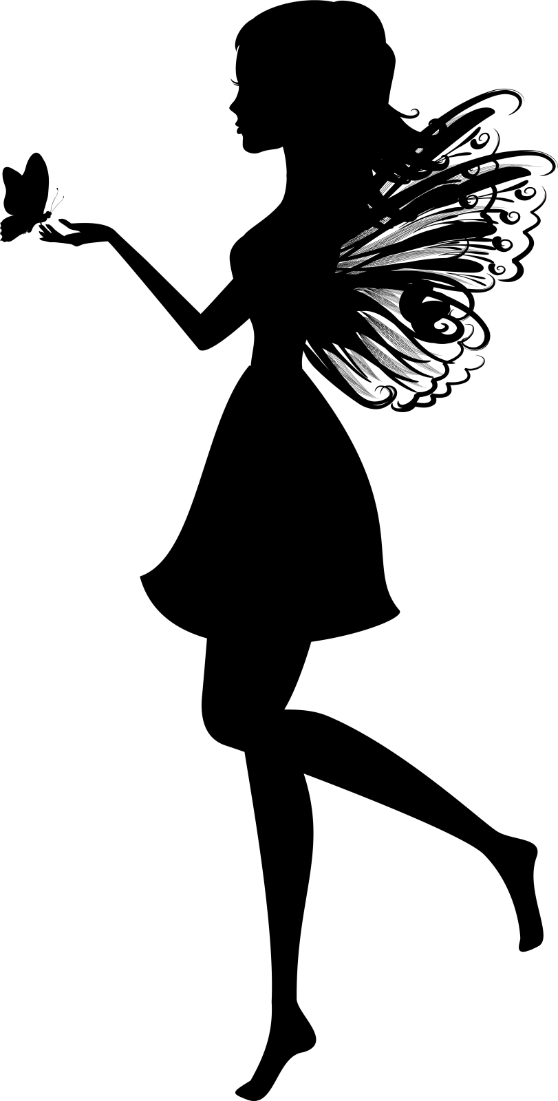 a black and white silhouette of a fairy holding a flower