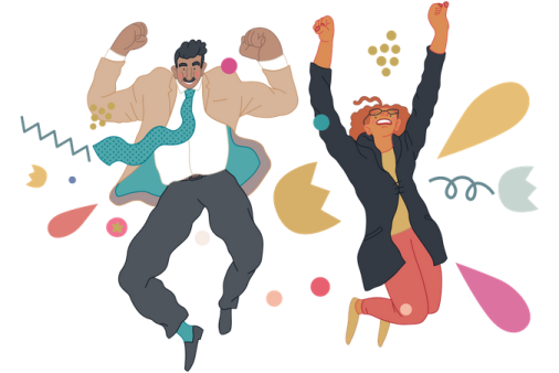 two people jumping in the air with their arms up