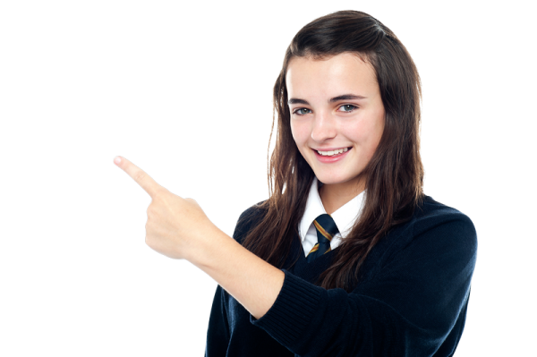 a woman in a black sweater pointing at something