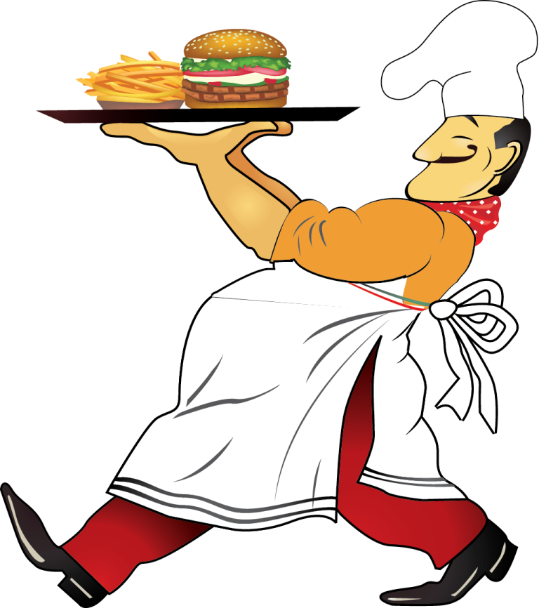 a chef carrying a tray with food on it