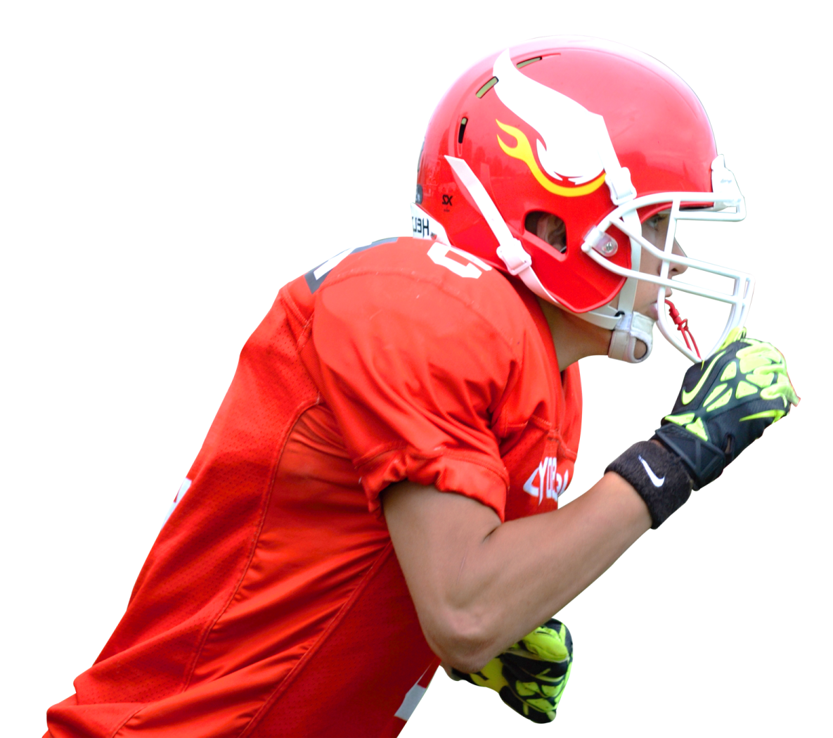 a football player wearing a helmet and holding a ball
