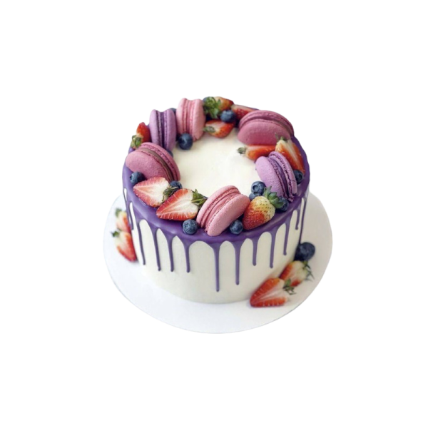 a white cake with purple icing and fruit on top