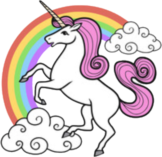 a unicorn with a rainbow and clouds in the background