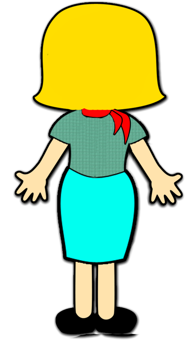 a cartoon girl in a blue dress and red tie