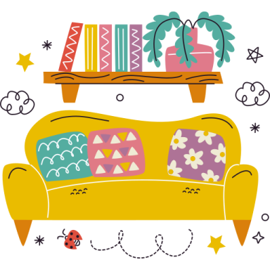 an illustration of a couch with books on it