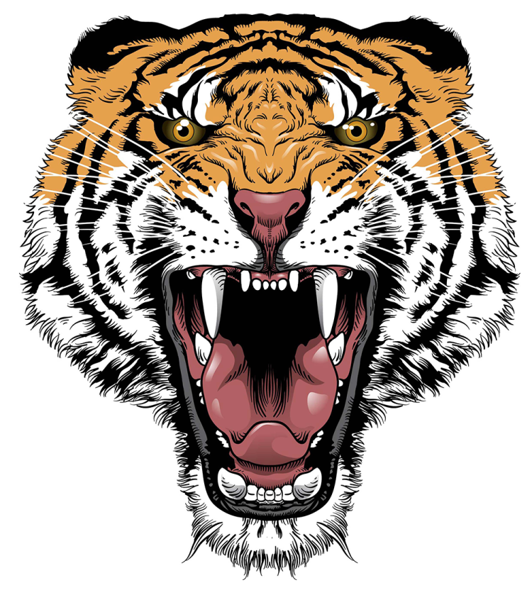 a tiger's face with its mouth open