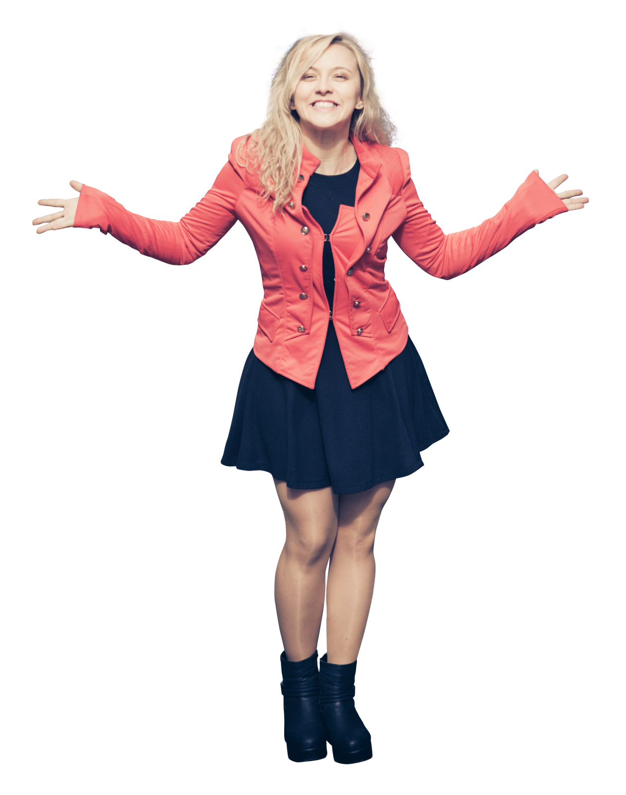 a woman in a red jacket and black dress