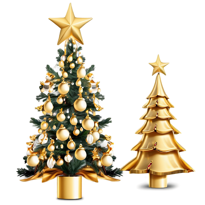 two christmas trees with gold decorations