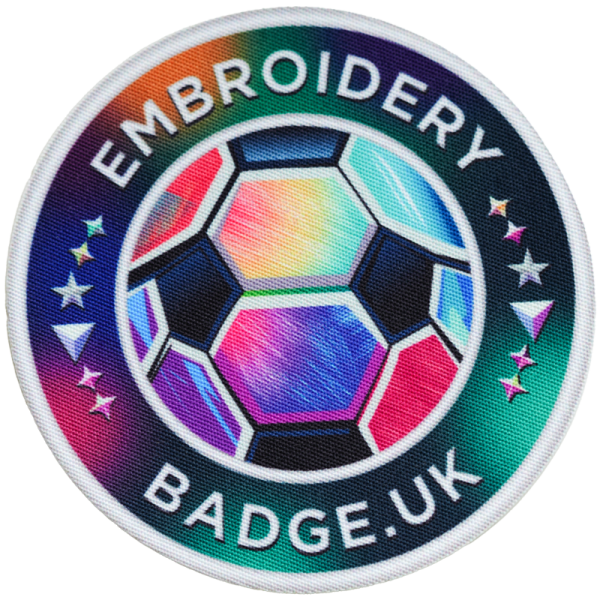the embroidery badge of a soccer ball with stars around it
