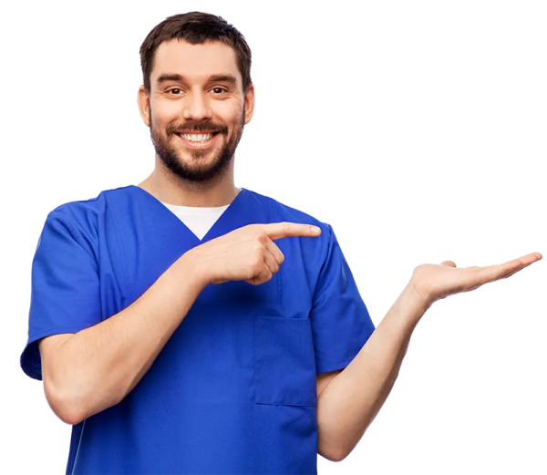 a man in scrubs points at the camera