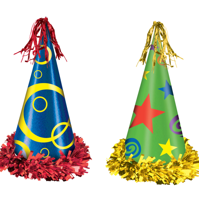three party hats with stars and ribbons
