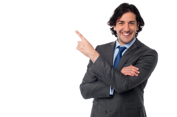 a man in a suit and tie pointing at the camera