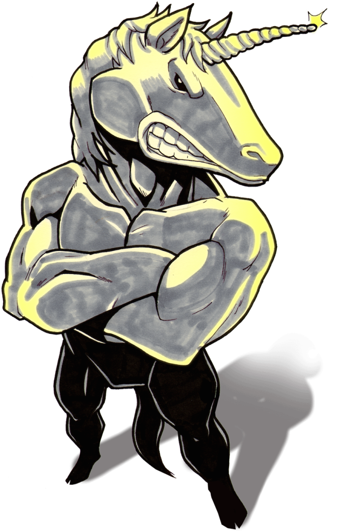 a drawing of a unicorn with his arms crossed