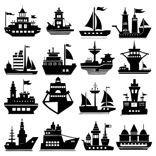 a set of silhouettes of ships and boats