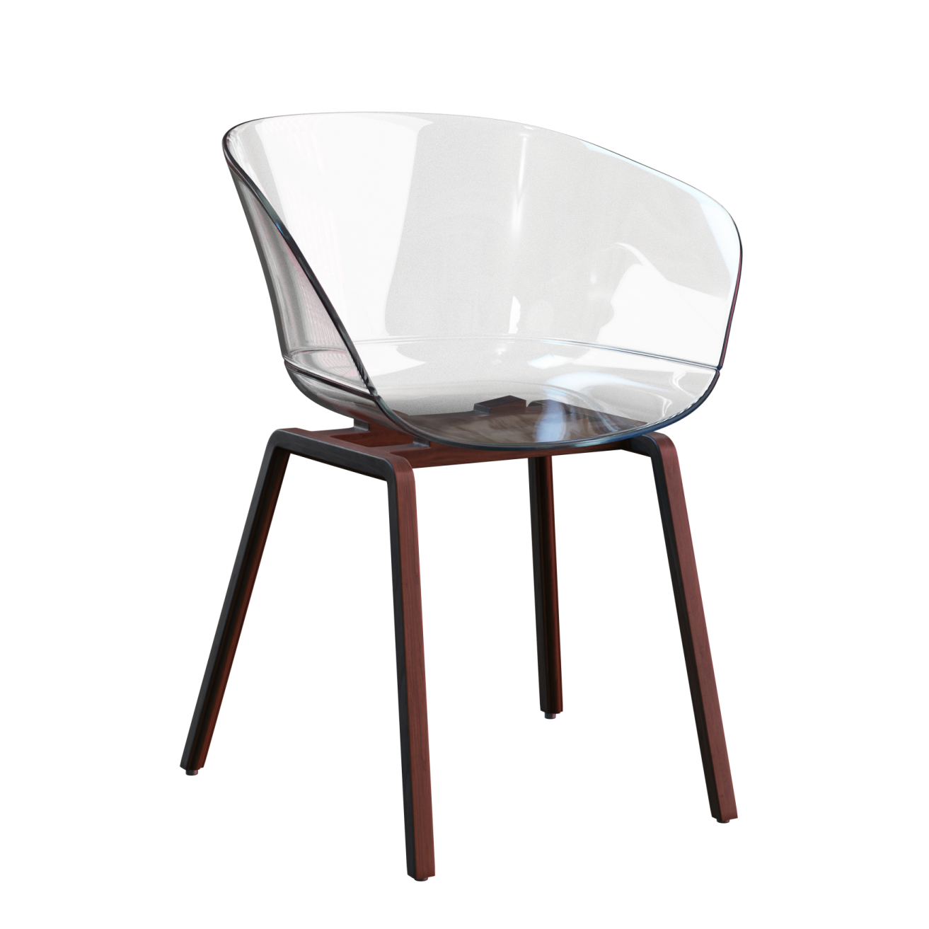a white chair with wooden legs and a clear seat