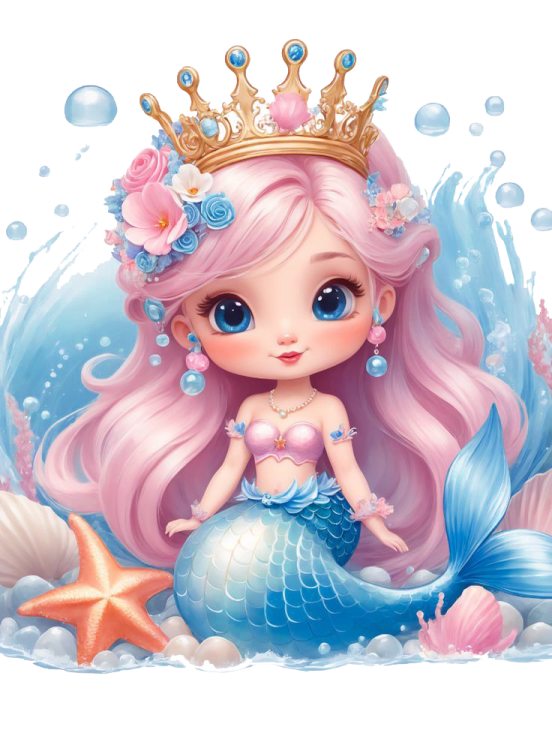 a little mermaid with a crown sitting on top of her head