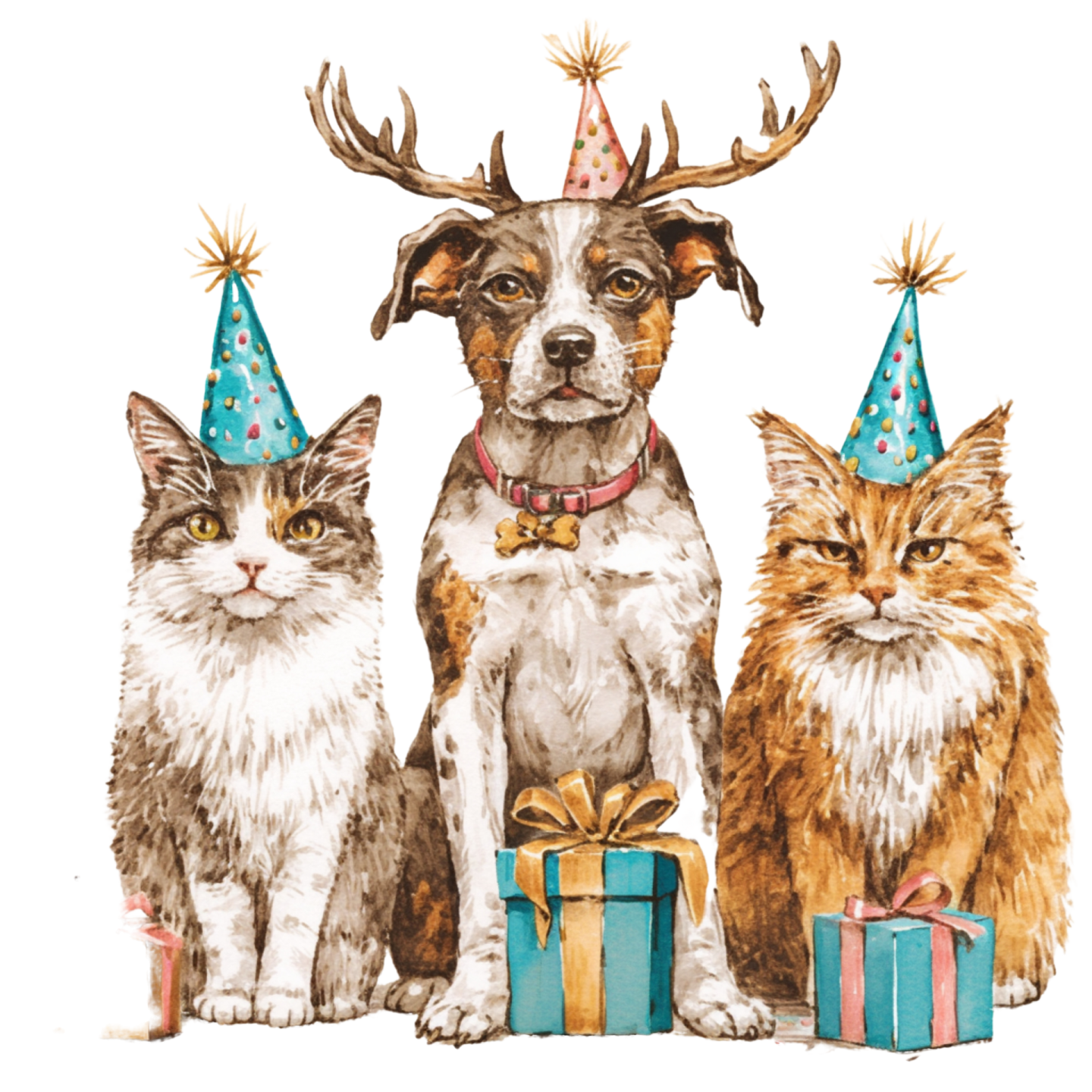 three cats and a dog wearing party hats