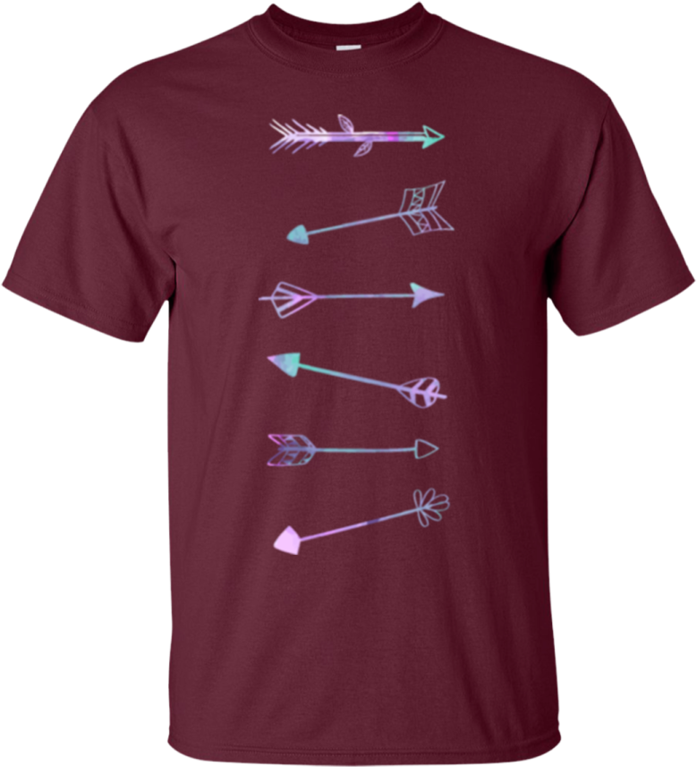 a maroon t - shirt with arrows on it