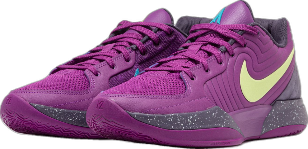 the nike zoom zoom basketball shoe is shown in purple and yellow