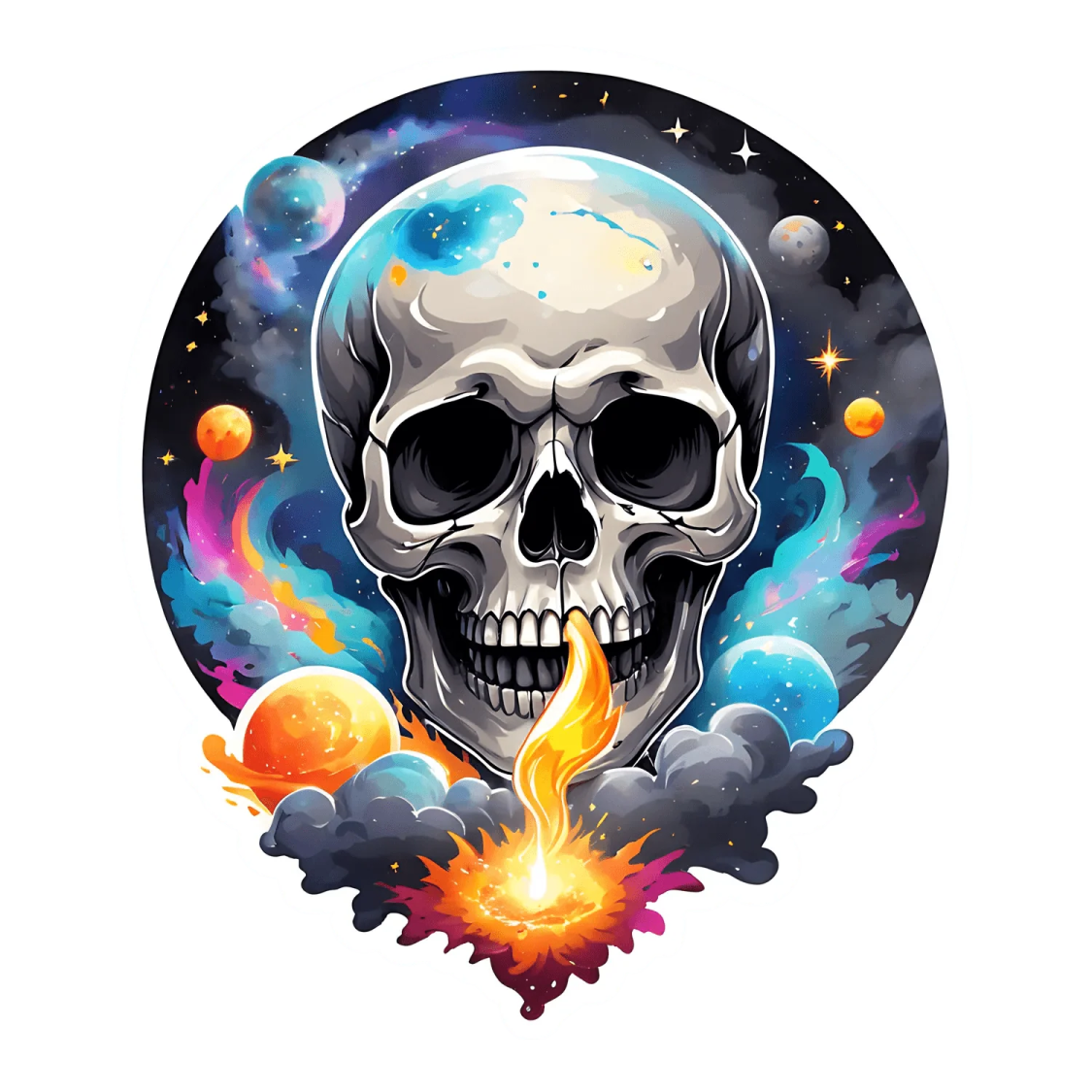 a skull with a burning flame in its mouth