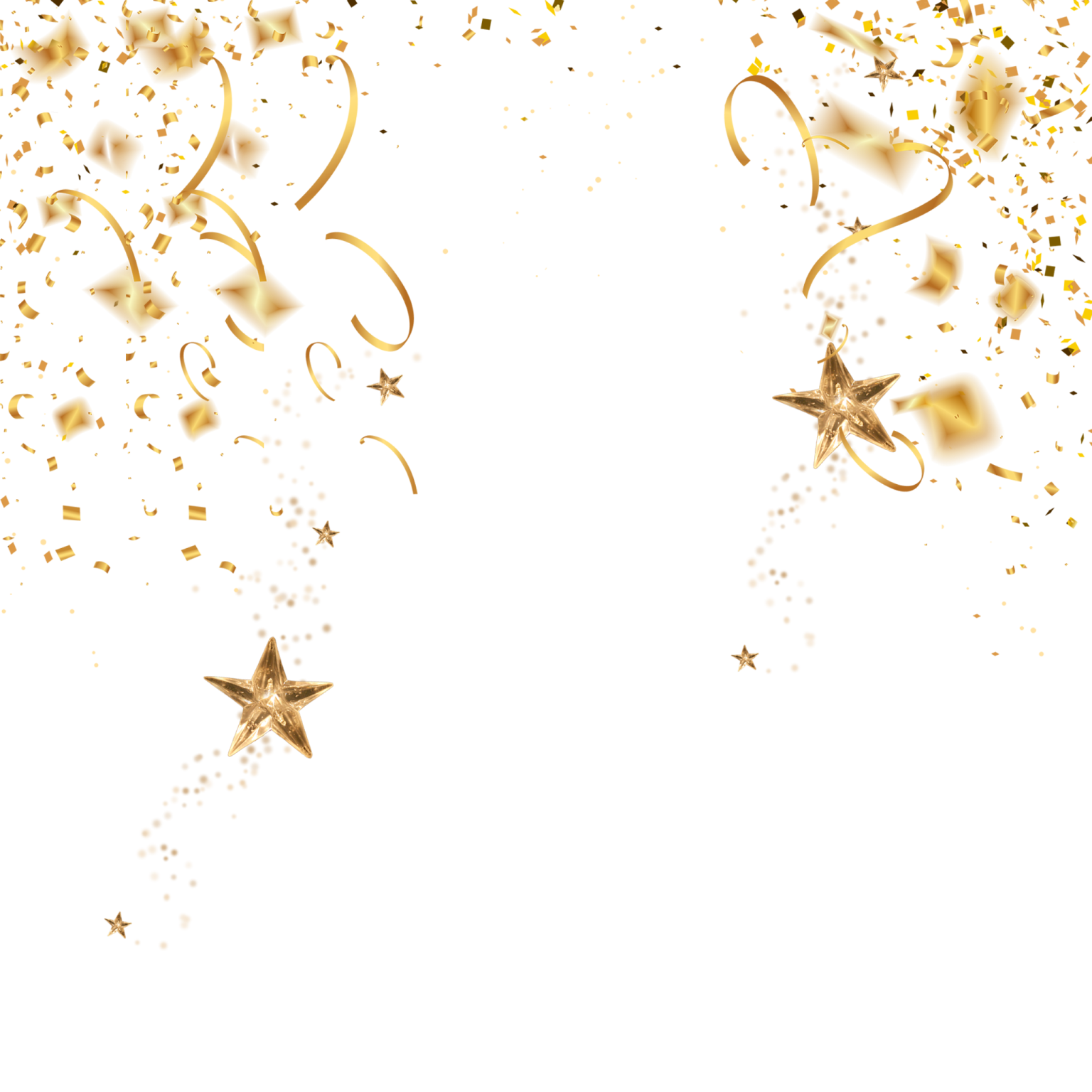 a white background with gold stars and confe