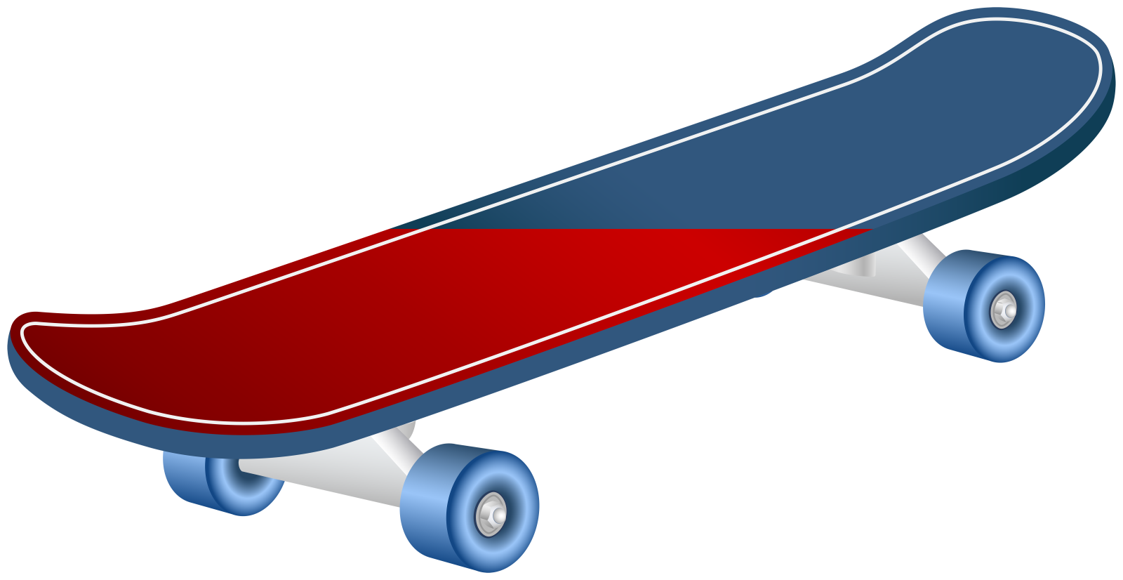 a skateboard with red and blue wheels